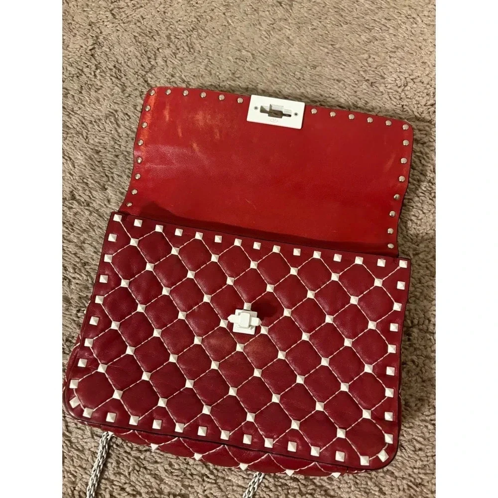 Valentino Rockstud Spike Red White Quilted Handle Shoulder chain Bag.